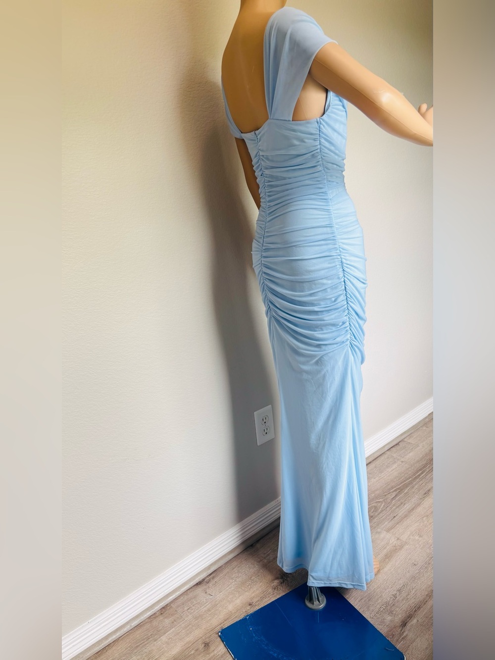 Elegant Off-Shoulder Baby Blue Ruched Evening Dress - Picture 9 of 14
